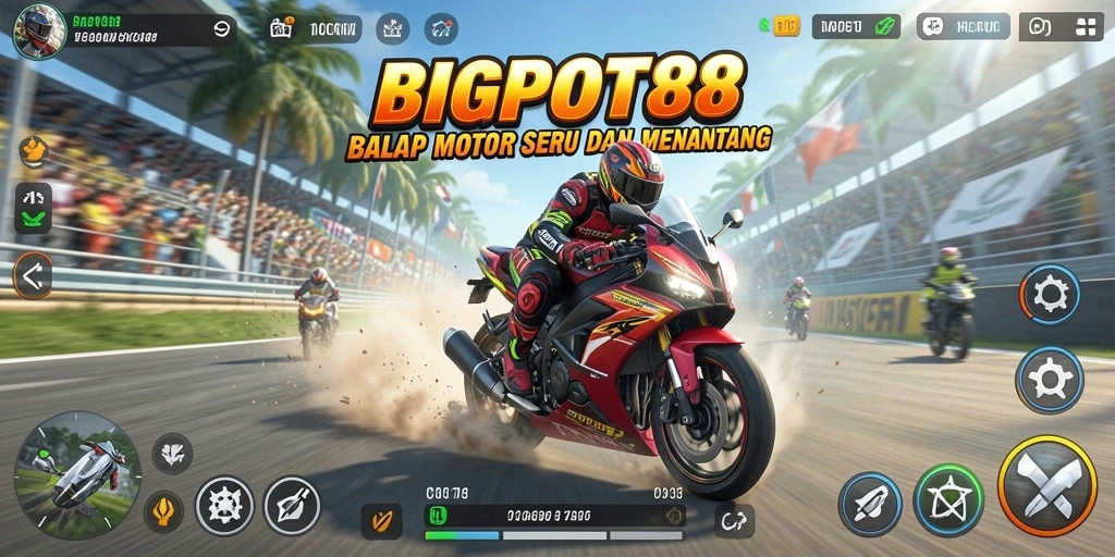 Gameplay seru di BIGPOT88 saat balapan motor di lintasan menantang.