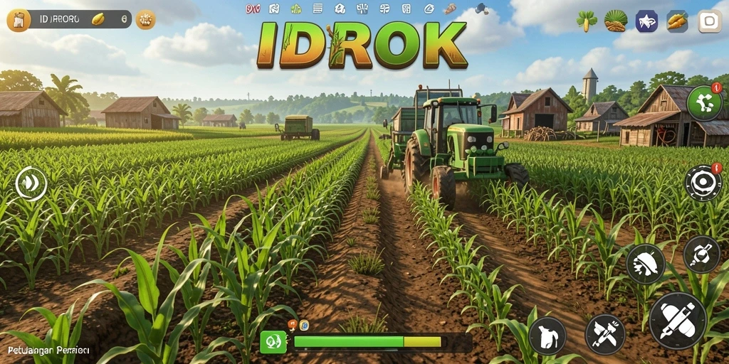 Tampilan menarik dari gameplay IDROK dengan aktivitas berkebun dan panen.