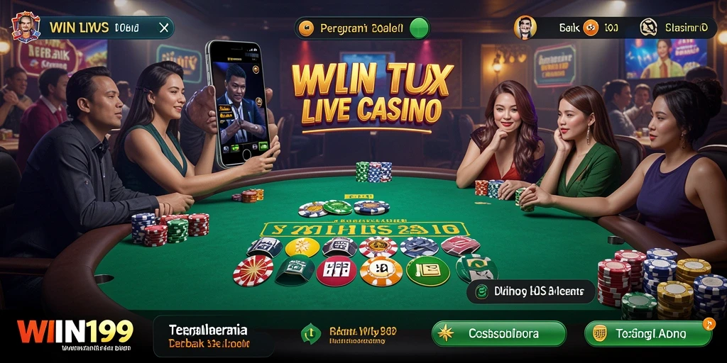 Tampilan utama WIN199 dengan dealer live di meja kasino.